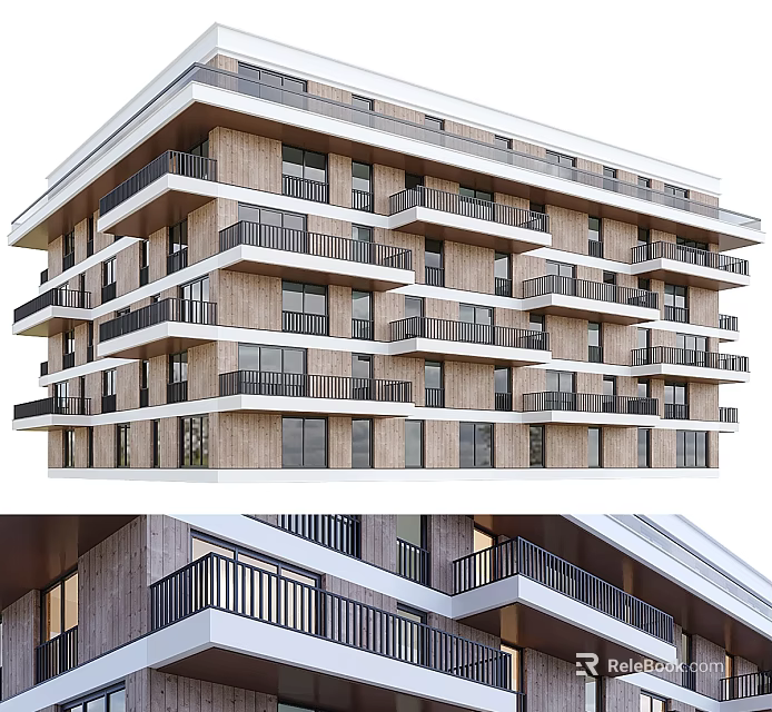 Modern Multi Story Residential Building Featuring Balconies Black Railings and Light Exterior Design 3d model 