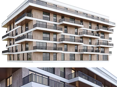 Modern Multi Story Residential Building Featuring Balconies Black Railings and Light Exterior Design 3d model