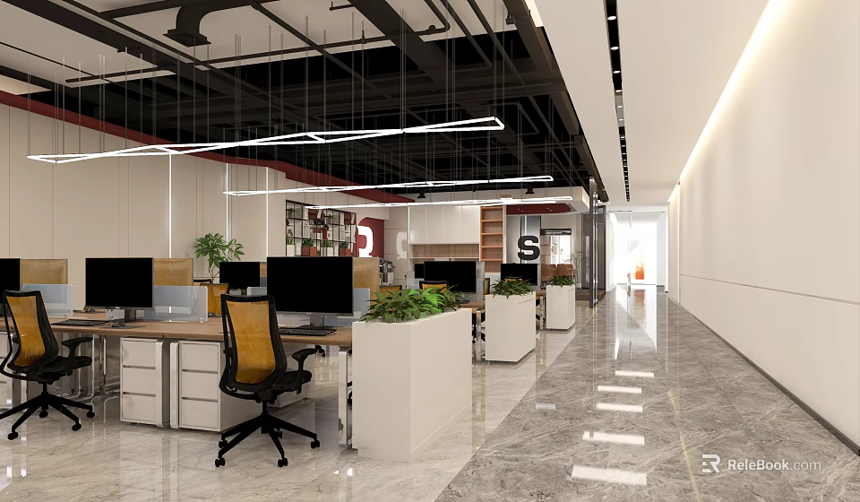 Modern Public Office Space With Open Layout Wooden Desks Computers Green Plants And Hanging Lights 3d model 