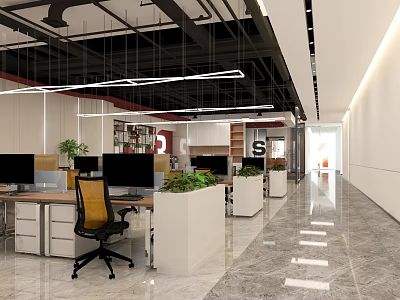 Modern Public Office Space With Open Layout Wooden Desks Computers Green Plants And Hanging Lights 3d model