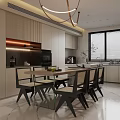 Modern Restaurant Kitchen Space Featuring Dining Table Chairs Cabinets And Pendant Lighting 3d model