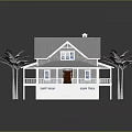 Cartoon Style House Scene With Gray Roof White Walls And Palm Trees On Green Lawn
