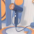 Blue Hair Dryer With Orange And Blue Geometric Shapes Striped Background Circular Patterns