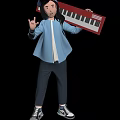 Woman standing in blue coat and hat holding red electronic keyboard and waving hand