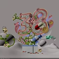 3D Typography Design With Floral Decorations Butterflies And Cartoon Elements