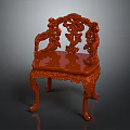 Traditional Chinese Red Wooden Chair with Intricate Carvings on Backrest and Armrests