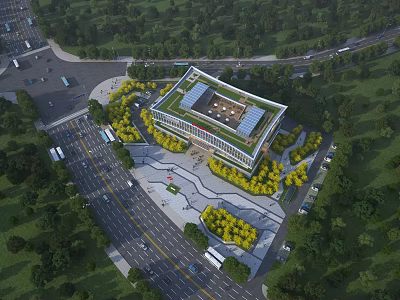Modern Office Building With Solar Panel Roof Surrounding Trees Parking Lot And Road Access 3d model