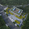 Modern Office Building With Solar Panel Roof Surrounding Trees Parking Lot And Road Access