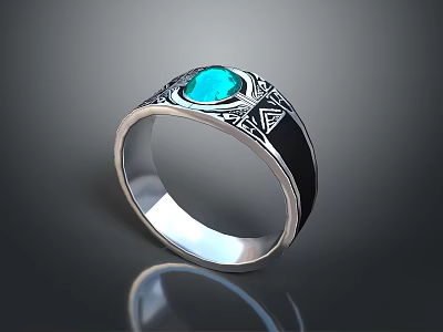 Stylish Silver Fashion Ring With Blue Gemstone Star And Triangle Decorative Patterns 3d model