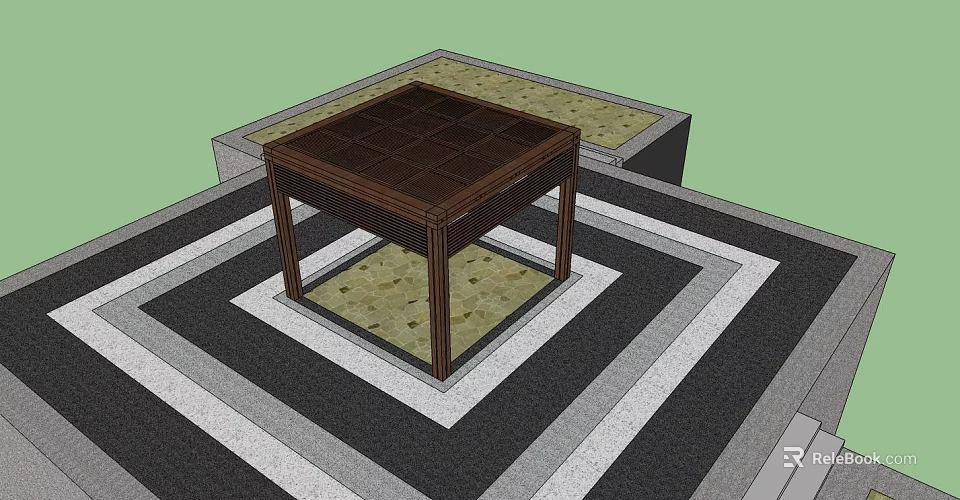Square Wooden Table In Paved Courtyard With Gray White Borders And Stone Ground 3d model 
