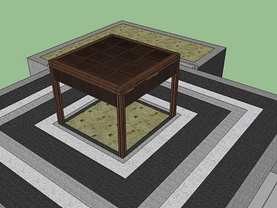 Square Wooden Table In Paved Courtyard With Gray White Borders And Stone Ground 3d model