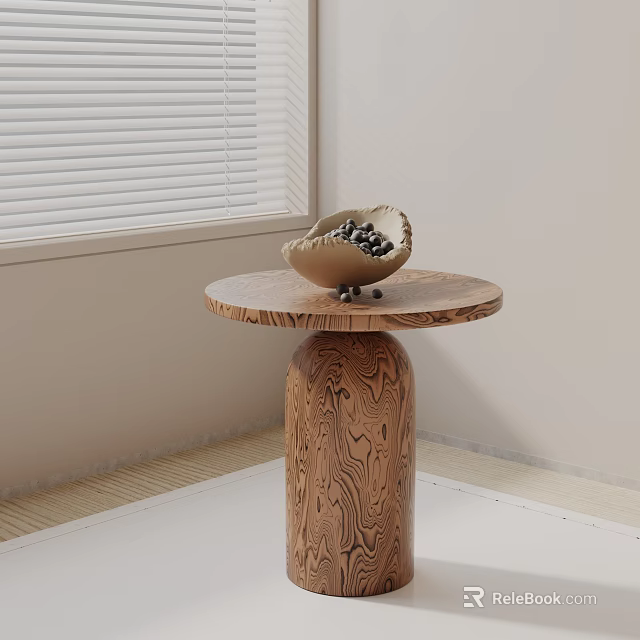 Wooden Side Table with Round Top Textured Column Base and Shell Shaped Bowl 3d model