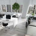 Modern Public Office Space With Open Layout Sofa Desks Plants Large Windows And City View