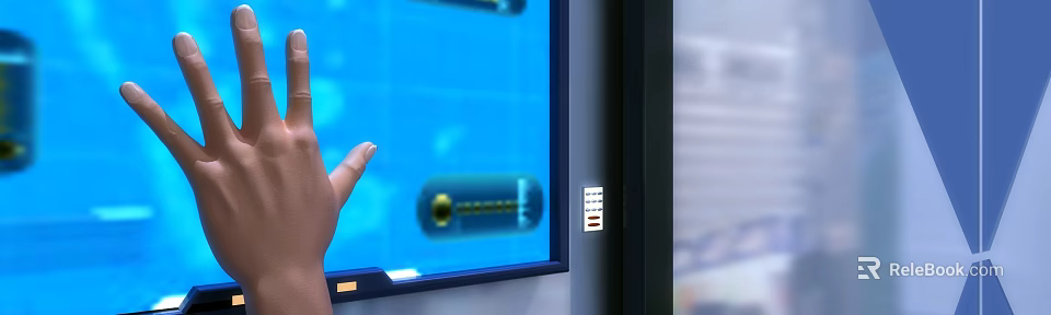 Modern Digital Blue Touch Screen For Decorative Ornaments Set With Control Panel And Hand Interaction 3d model 