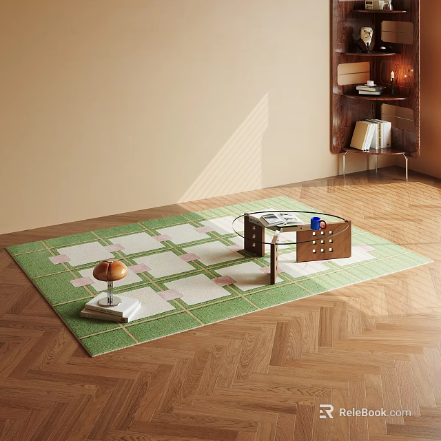 Square Green And White Checkered Rug On Wooden Floor With Coffee Table And Lamp 3d model 