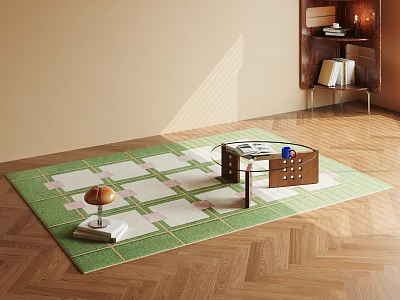Square Green And White Checkered Rug On Wooden Floor With Coffee Table And Lamp 3d model
