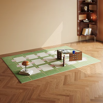 Square Green And White Checkered Rug On Wooden Floor With Coffee Table And Lamp 3d model
