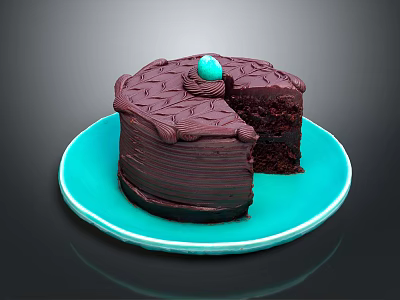 Delicious Chocolate Cake on Blue Plate with Top Blue Decorative Ball and Sliced Exposed Layers 3d model