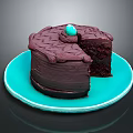 Delicious Chocolate Cake on Blue Plate with Top Blue Decorative Ball and Sliced Exposed Layers