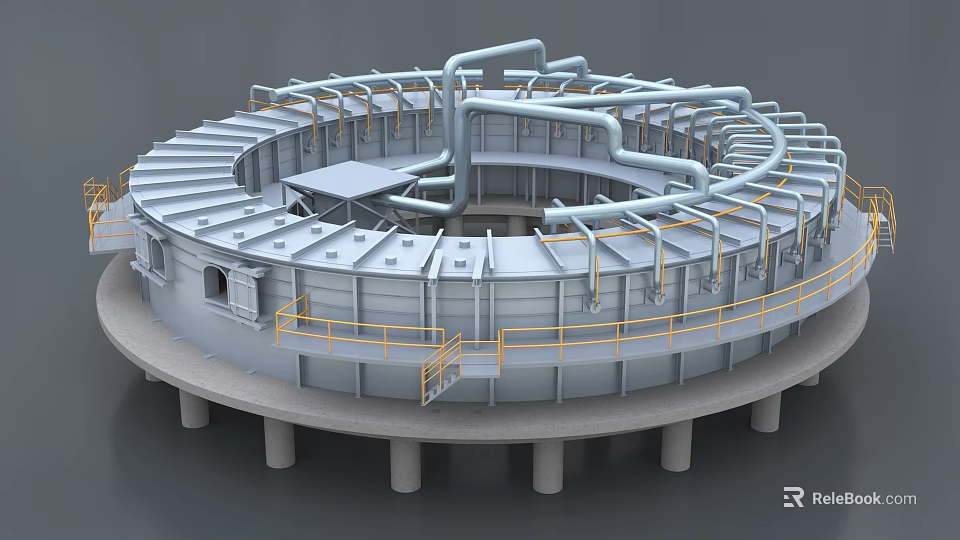 Large Scale Circular Industrial Equipment with Pipes Platforms and Railings 3d model 