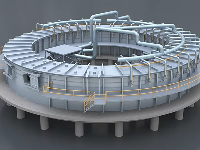 Large Scale Circular Industrial Equipment with Pipes Platforms and Railings 3d model