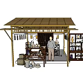 Ancient Architecture Structure With Wooden Roof Ornamental Lanterns And Traditional Shelves Displaying Antique Vases