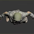 Military Character in Camouflage Uniform With Helmet Mask Standing Pose on Gray Reflective Ground