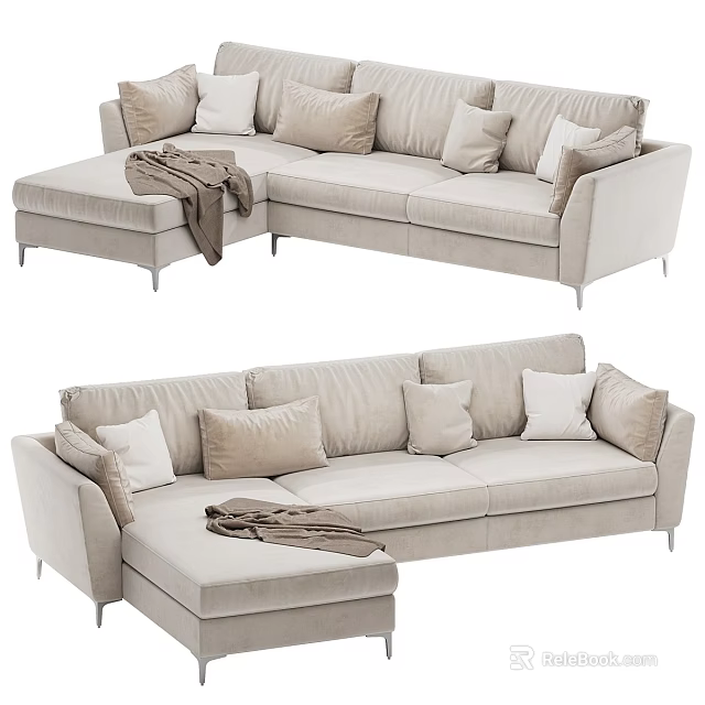Beige Sectional Sofa with Multiple Cushions and Ottoman Topped with Throw Blanket 3d model