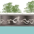 Scenic Feature Wall With Wavy Cutout Design Brown White Water Reflection Green Trees Cloudy Sky
