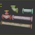 Industrial Metal Pipe Fittings Featuring Valve Elbow And Straight Rusty Tubes