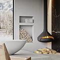 Spacious Contemporary Luxury Bathroom With Freestanding Bathtub Hanging Fireplace And Panoramic Snow Mountain View