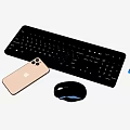 Black Wireless Computer Keyboard Mouse With Golden Mobile Phone And USB 3d model
