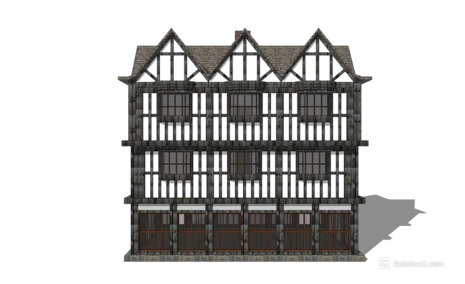 Traditional Tudor Style Multi Storey Building With Timber Frame And Lattice Windows 3d model 