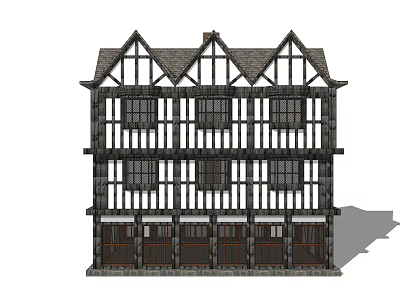 Traditional Tudor Style Multi Storey Building With Timber Frame And Lattice Windows 3d model
