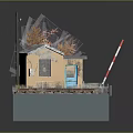 Small Yellow House Model Scene With Blue Door Snowy Roof And Orange Trees