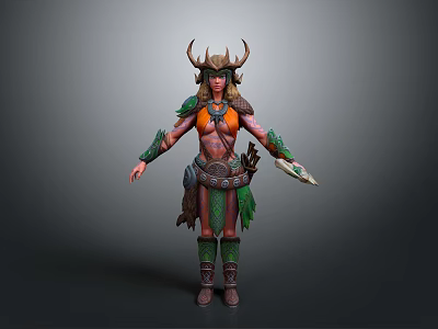 Warrior Costume Featuring Horned Helmet Orange Top Green Arm Wraps Leather Belt Leg Wraps Boots 3d model