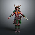 Warrior Costume Featuring Horned Helmet Orange Top Green Arm Wraps Leather Belt Leg Wraps Boots
