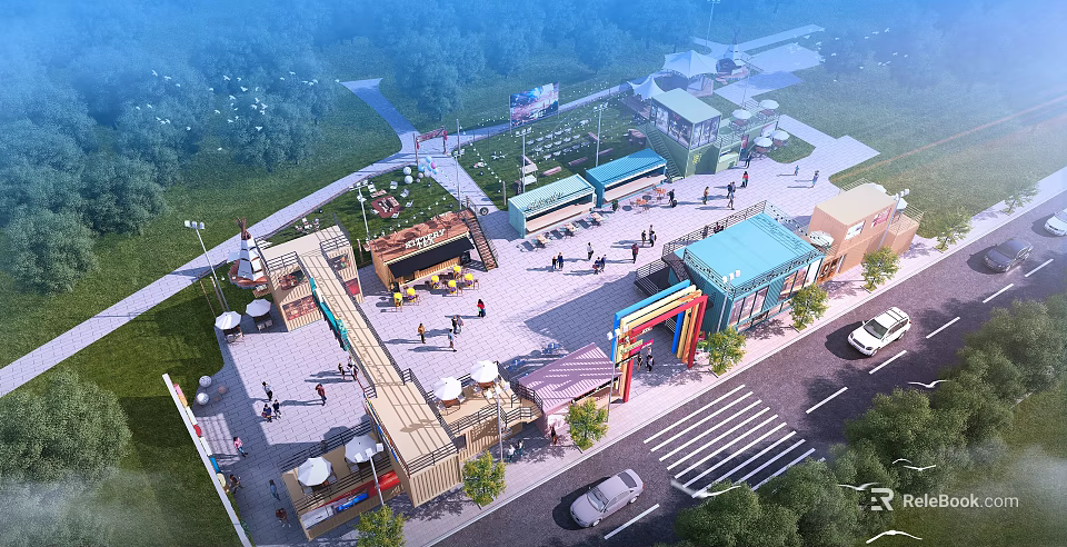 Bustling Commercial Street With Pedestrians Shops Outdoor Seating And Colorful Storefronts 3d model 