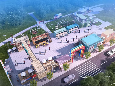Bustling Commercial Street With Pedestrians Shops Outdoor Seating And Colorful Storefronts 3d model