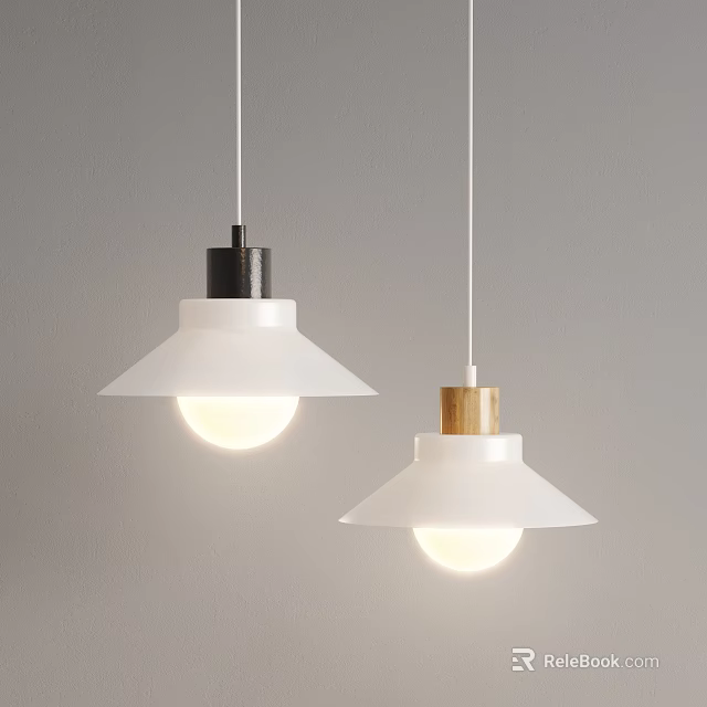 Modern Pendant Lights with White Shades Black and Wooden Bases Illuminated on Gray Wall 3d model 