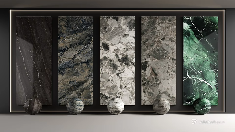 Various Marble Textured Wall Panels with Different Color Hues and Spherical Decor 3d model