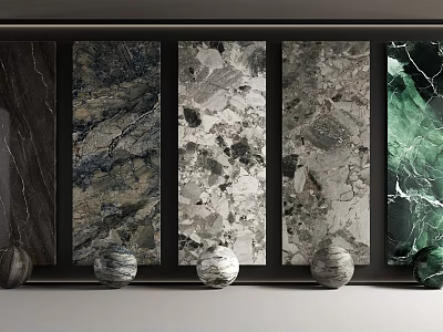 Various Marble Textured Wall Panels with Different Color Hues and Spherical Decor 3d model