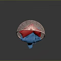 Modern Circular Mesh Back Chair With Red Cushion Blue Frame And Gray Background