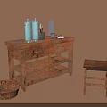 Vintage Rustic Wooden Furniture With Table Chair Basket And Decorative Items