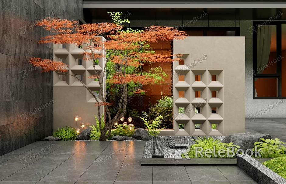 Modern Courtyard Style Landscape Wall Glass Brick Landscape Wall Screen Partition Enclosure Hollow Landscape Wall Garden Entrance Landscape Wall Plant Combination Plant Landscape model