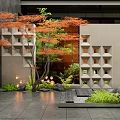 Modern Garden Feature Wall With Hollow-out Design Red Maple Tree Greenery Stones And Lighting