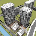 Modern Urban Entrance With Brick Archway High-rise Buildings And Pedestrians Around