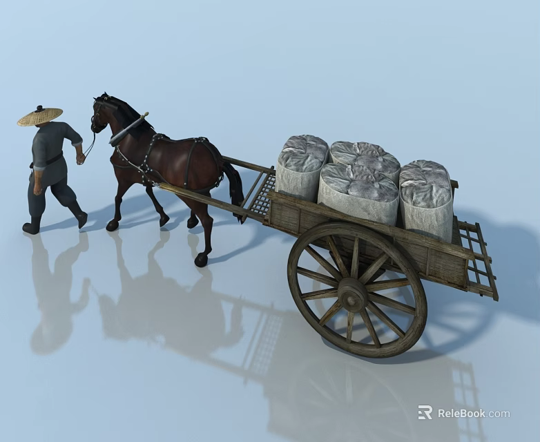 Traditional Landscape Sculpture Featuring Person With Straw Hat Horse And Wooden Cart 3d model 