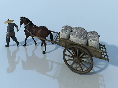 Traditional Landscape Sculpture Featuring Person With Straw Hat Horse And Wooden Cart 3d model