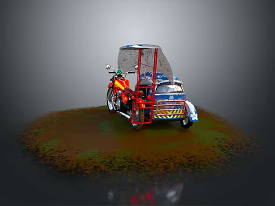 Tricycle Red Frame Canopy Decorative Details Parked On Muddy Grassy Circular Area With Gray Background 3d model